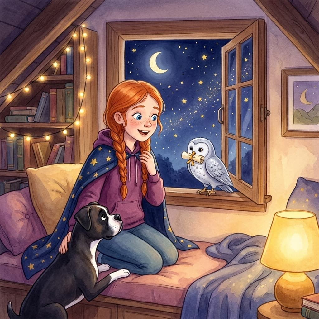 Malana, a girl with red hair in two long braids and a starry cloak, kneels on her window seat in a cozy attic bedroom at night while a small silver owl on the windowsill holds a rolled letter tied with gold ribbon. Her black-and-white boxer dog watches beside her, ears perked.