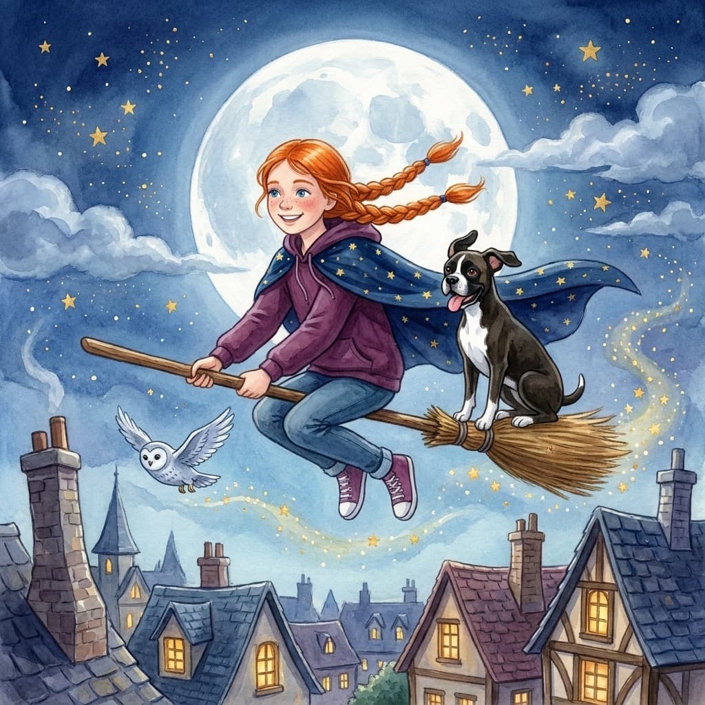 Malana rides a broomstick above a sleepy village under a huge full moon, her braids and starry cloak streaming. The silver owl flies ahead and her boxer dog rides on the broom bristles, tongue out and happy.