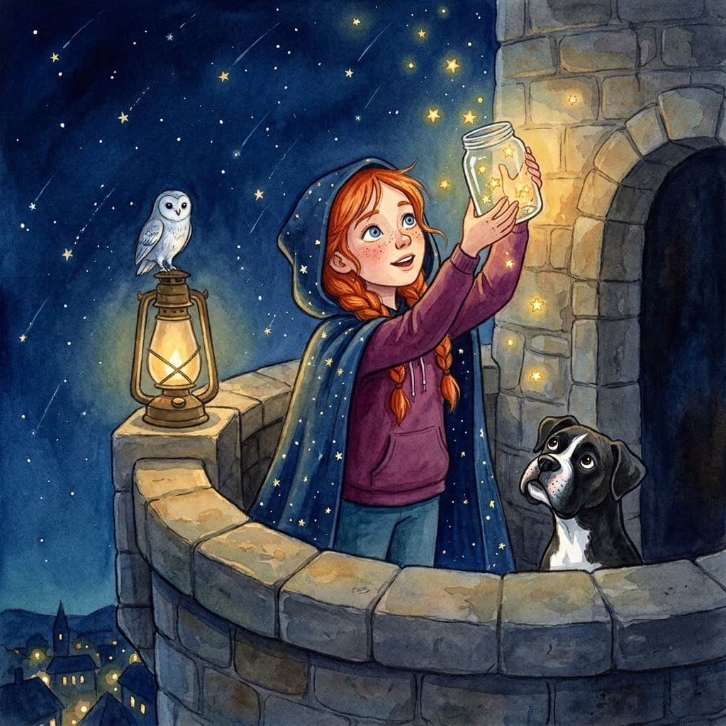At the top of a stone tower, Malana holds up a glass jar and catches tiny golden stars drifting down from the night sky. The silver owl perches on a dim lantern and her boxer dog watches beside her, head tilted.
