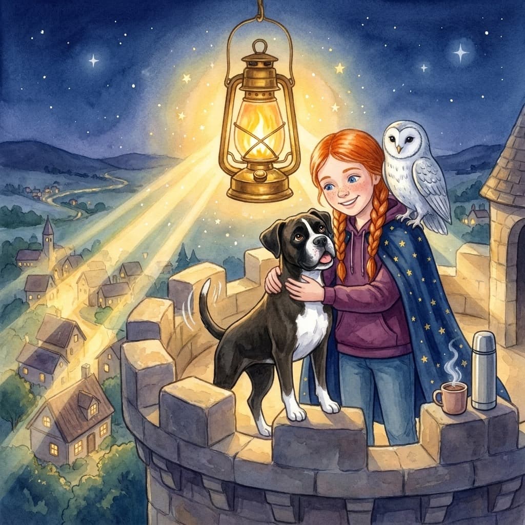 The brass lantern blazes with warm golden light over the valley while Malana hugs her boxer dog, the silver owl on her shoulder, with a steaming mug of cocoa on the tower wall.